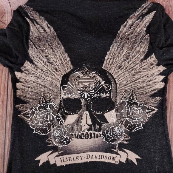 Harley Davidson Womens Size S/M Fringed Embellished Onyx Skull LS Cardigan Gray - Picture 9 of 14